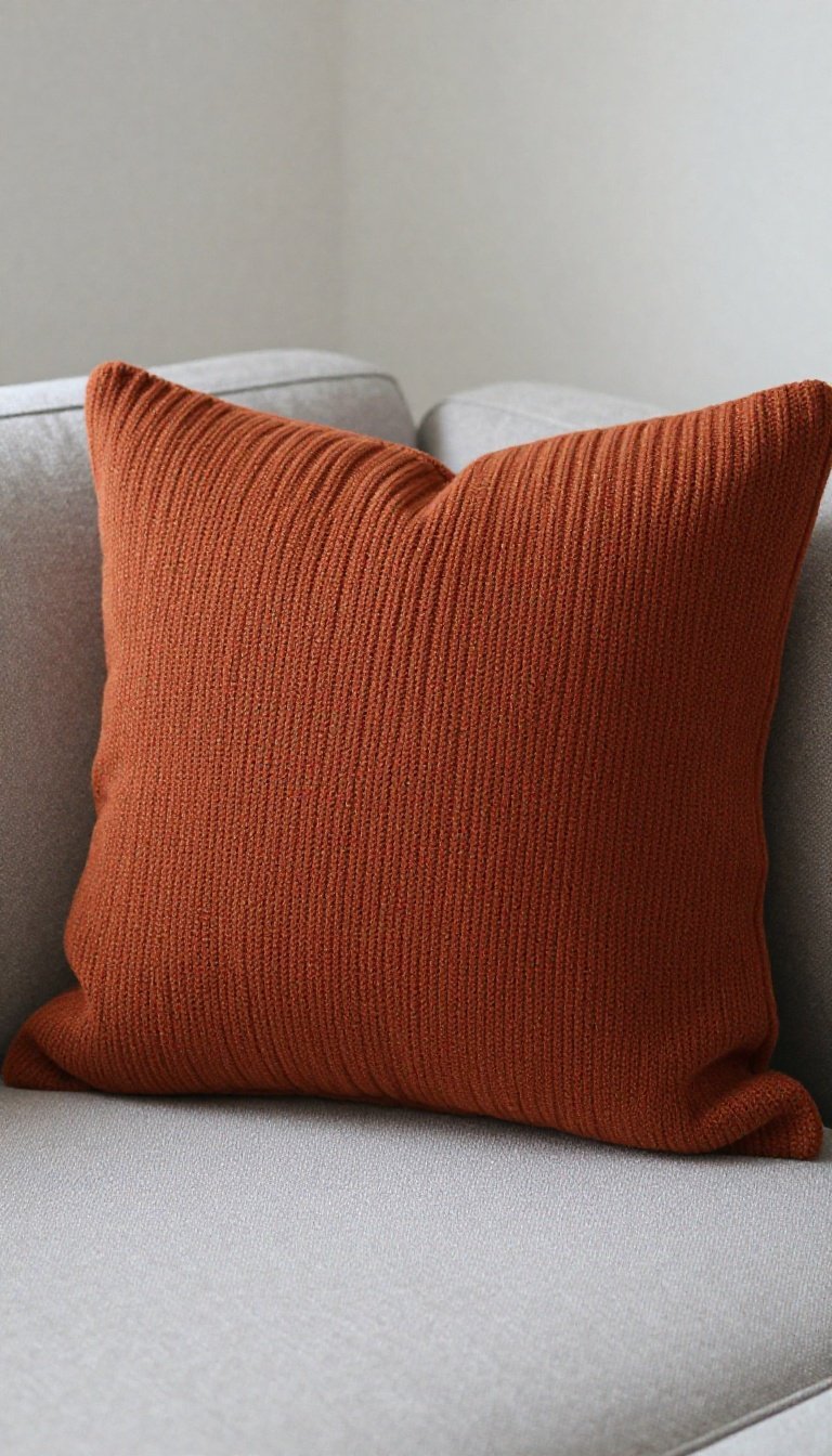 Closeup of a rust orange knit throw pillow styled for fall apartment decor