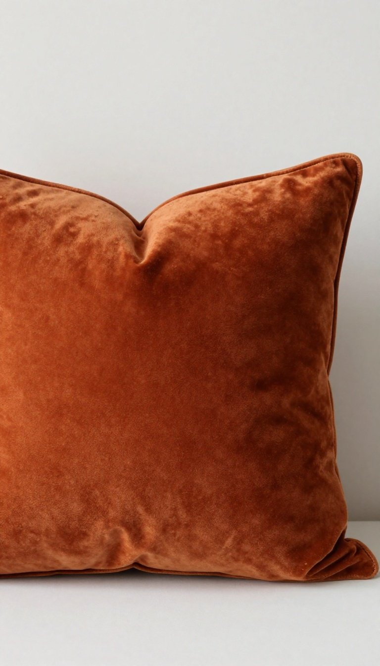 Rust orange velvet throw pillow styled on a neutral sofa