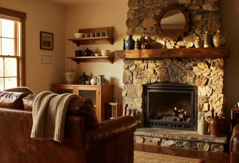 Cozy rustic living room decorated for fall with layered textures and warm lighting