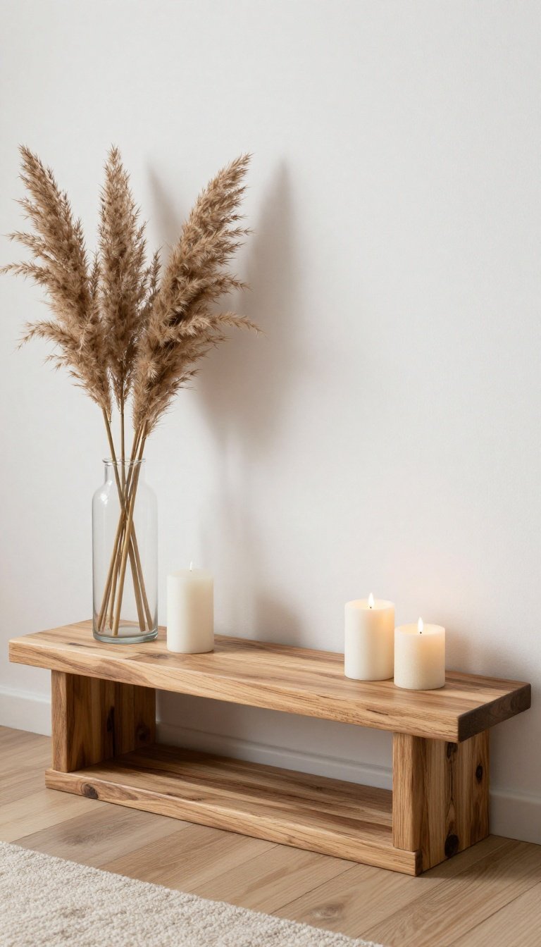 Rustic wood mantel styled with mismatched candles and dried pampas grass