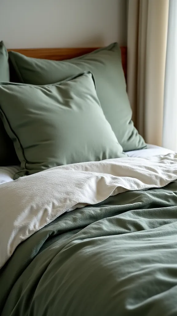 Layered sage and cream bedding on a cozy dorm bed