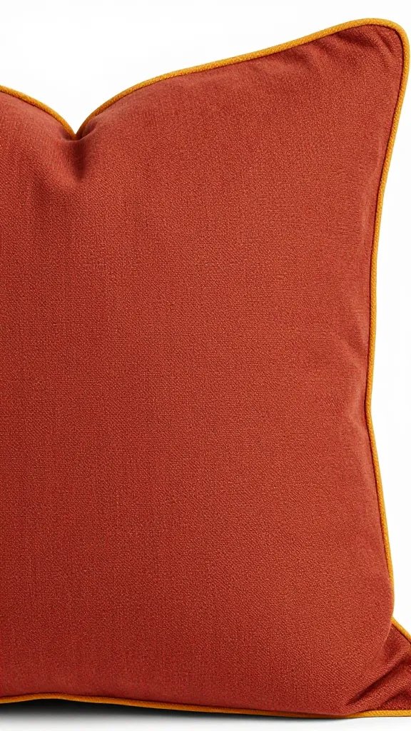 closeup of rust linen pillow with saffron piping