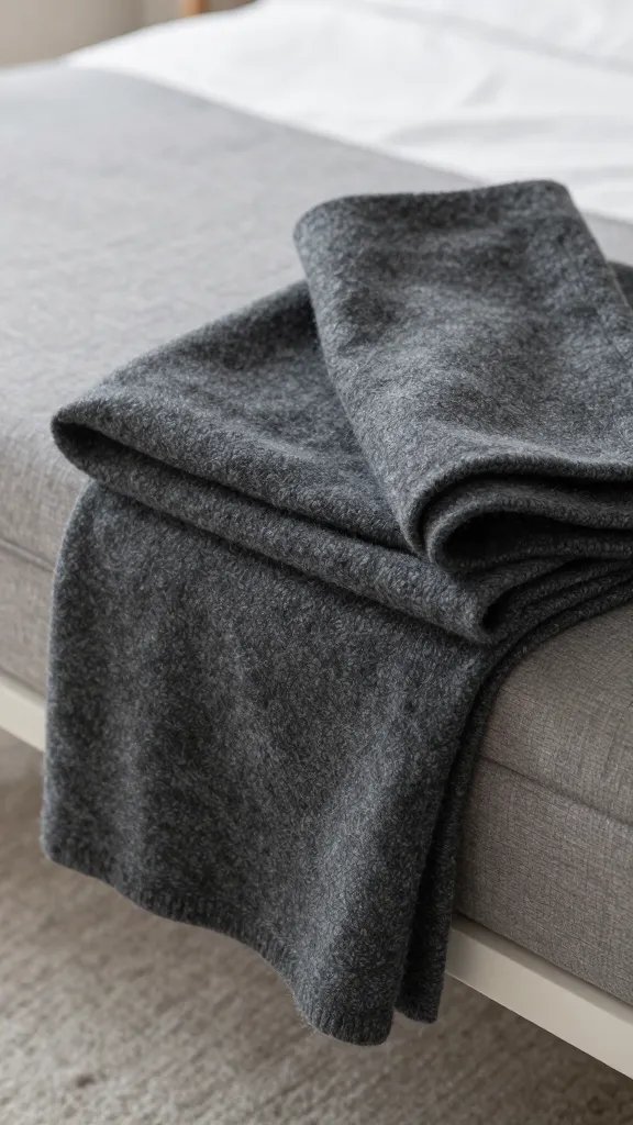 folded charcoal wool throw at bed foot, soft focus
