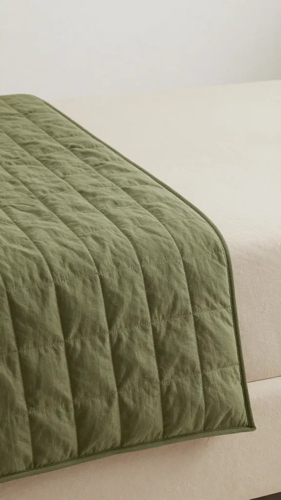 olive lightweight quilt corner on oat percale sheets