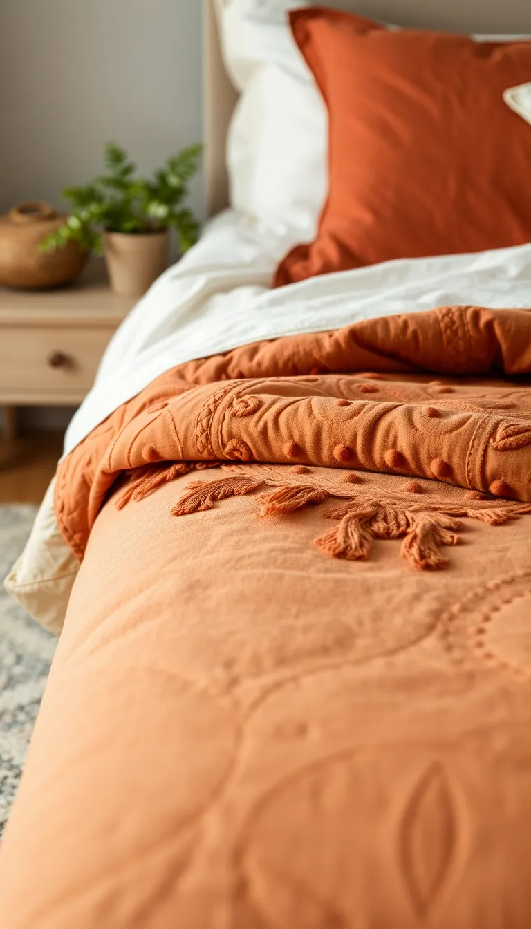 Terracotta quilt layered on oatmeal linen bedding