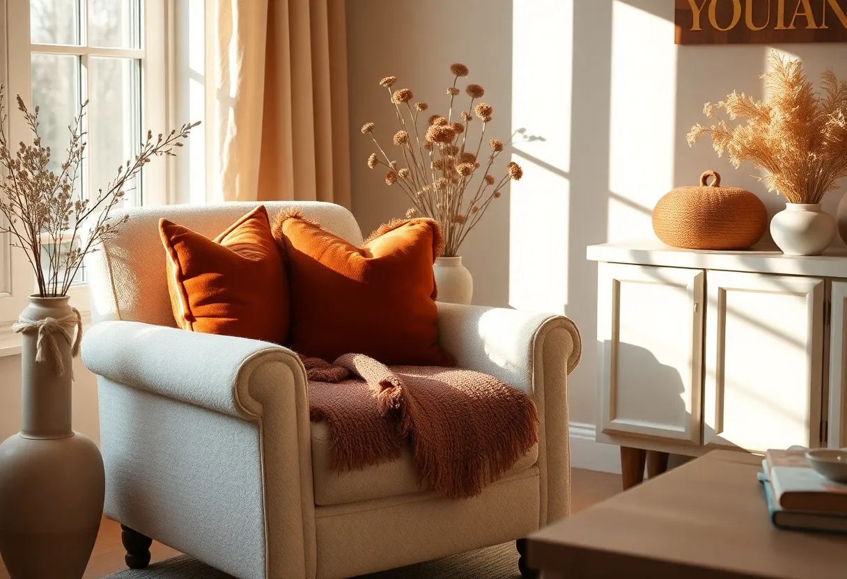 Warm fall room with cream armchair, rust pillows and dried florals