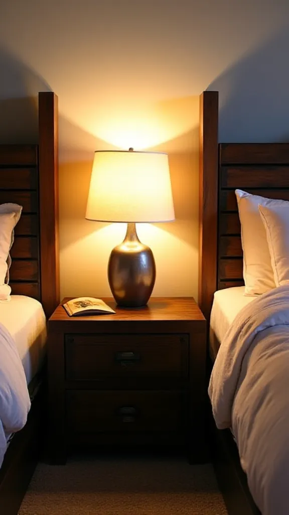 Wooden crate used as a dorm nightstand with a small warm lamp